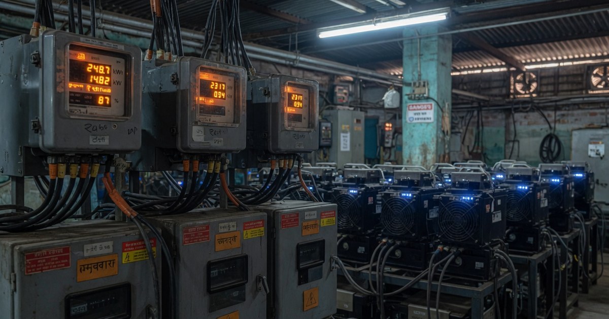Industrial electricity meters with orange digital readouts and rows of Bitcoin ASIC miners in an Indian warehouse facility