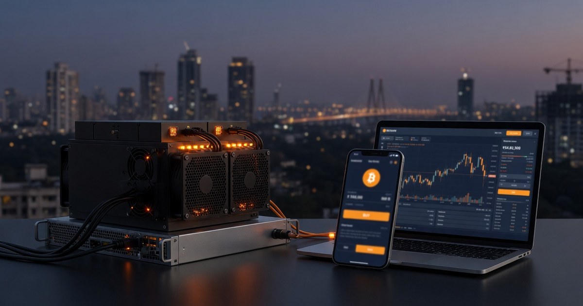 Bitcoin ASIC miner beside a phone and laptop showing a buy-Bitcoin screen with an Indian city skyline at dusk — mining vs buying comparison