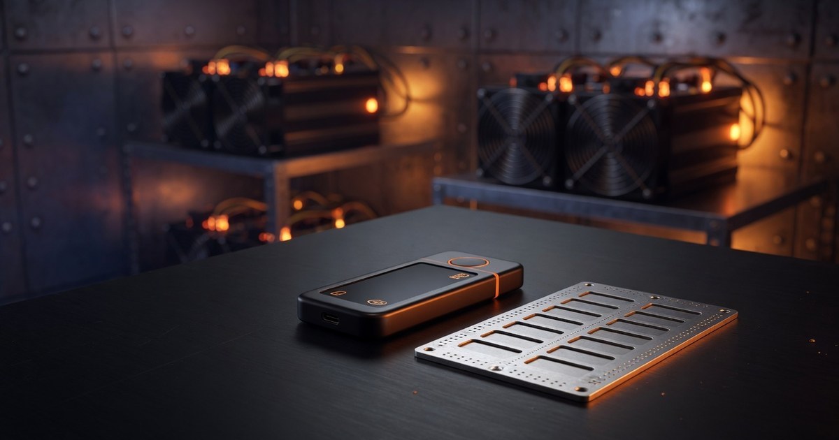 Hardware wallet and metal seed backup plate on a dark desk with Bitcoin ASIC miners softly lit in the background — self-custody for mined BTC